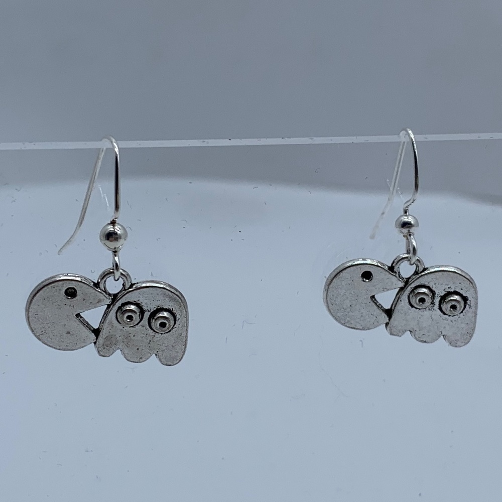 NWT. Handmade Retro PAC Man and Ghost Pierced Dangle Earrings in Silver Tone!